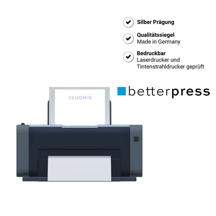 Betterpress® Zeugnis- & Zertifikatvordrucke DIN A4, 150 g/m² – holografische Silberprägung, 10 Stück