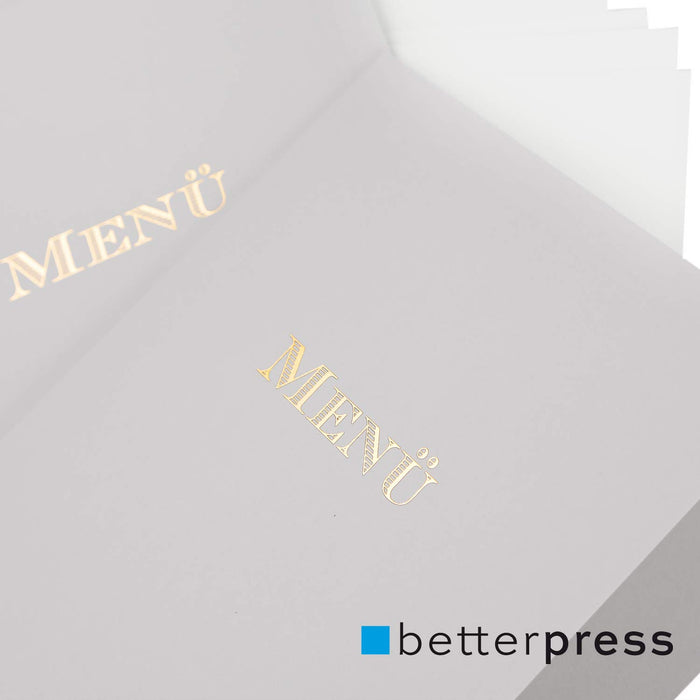 Betterpress Menükarten mit Prägung, 10 Stück, offen im Format DIN A4, geklappt im Format DIN A5, für Hochzeiten und andere Feste