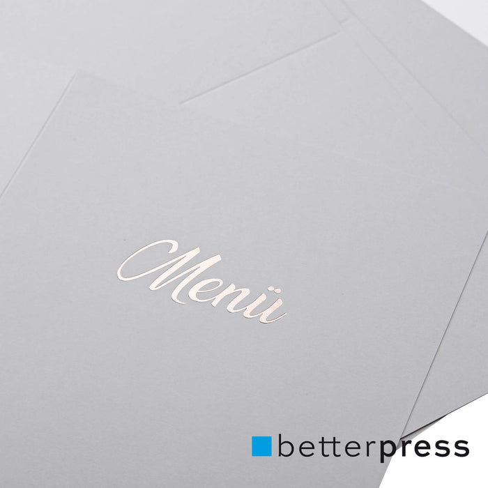 Betterpress Menükarten mit Prägung, 10 Stück, offen im Format DIN A4, geklappt im Format DIN A5, für Hochzeiten und andere Feste