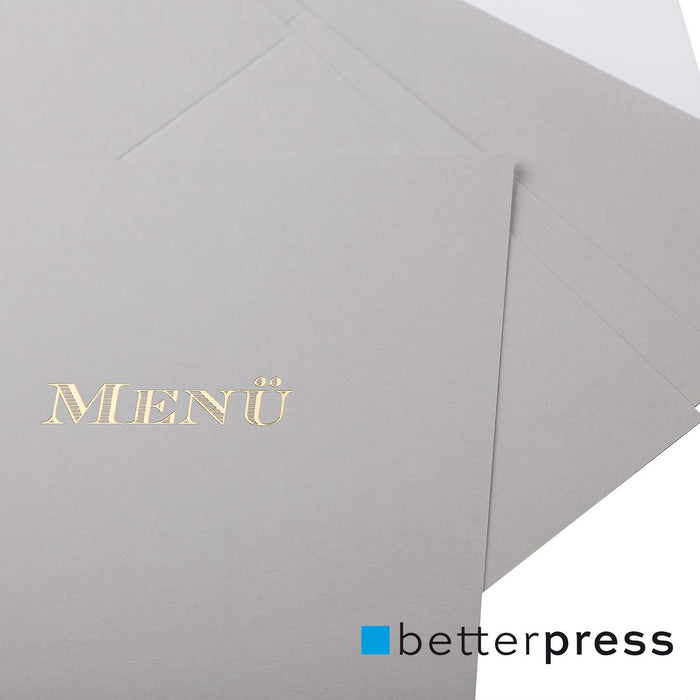Betterpress Menükarten mit Prägung, 10 Stück, offen im Format DIN A4, geklappt im Format DIN A5, für Hochzeiten und andere Feste
