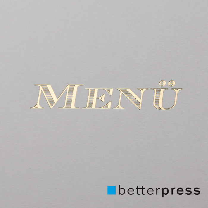 Betterpress Menükarten mit Prägung, 10 Stück, offen im Format DIN A4, geklappt im Format DIN A5, für Hochzeiten und andere Feste