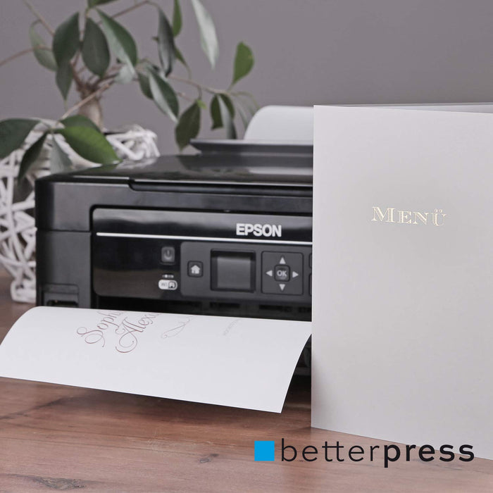 Betterpress Menükarten mit Prägung, 10 Stück, offen im Format DIN A4, geklappt im Format DIN A5, für Hochzeiten und andere Feste
