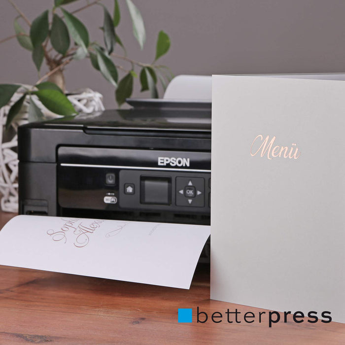 Betterpress Menükarten mit Prägung, 10 Stück, offen im Format DIN A4, geklappt im Format DIN A5, für Hochzeiten und andere Feste