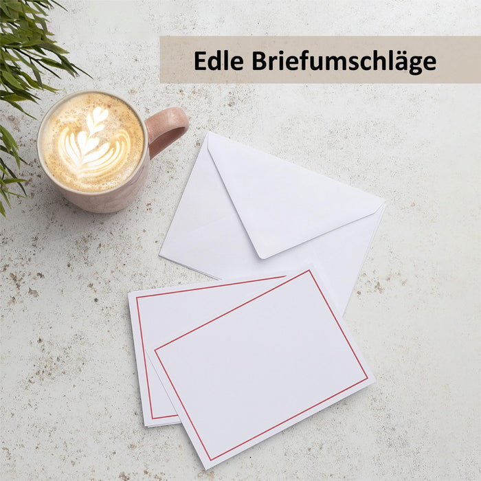 50 Set blanko Karten Set Compliment Cards Briefumschläge, Kuvert, Postkarte Karten blanko zum gestalten, beschriften oder bedrucken - DIN A6+ / C6 - weiß mit Rahmen Betterpress