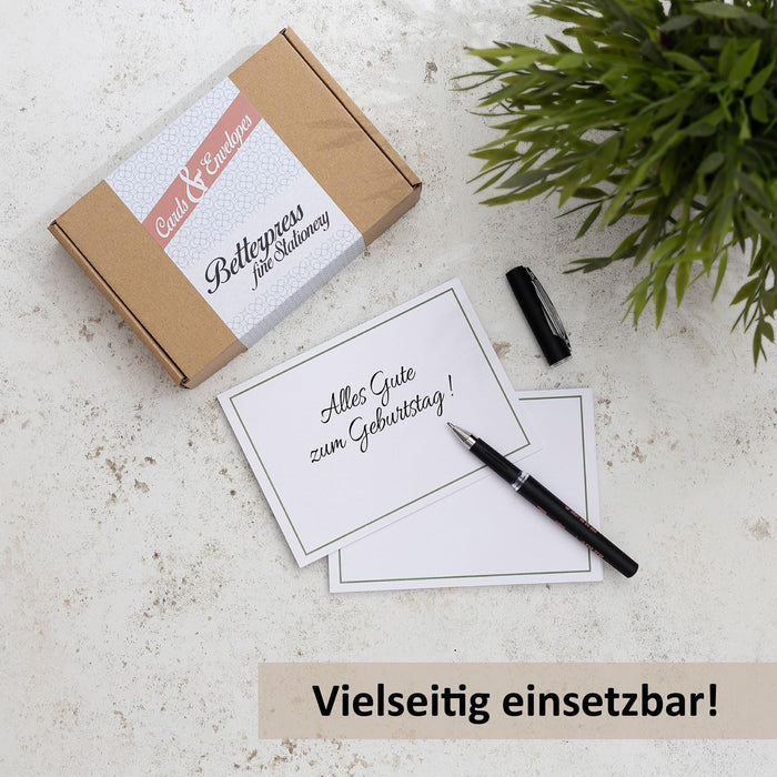 50 Set blanko Karten Set Compliment Cards Briefumschläge, Kuvert, Postkarte Karten blanko zum gestalten, beschriften oder bedrucken - DIN A6+ / C6 - weiß mit Rahmen Betterpress